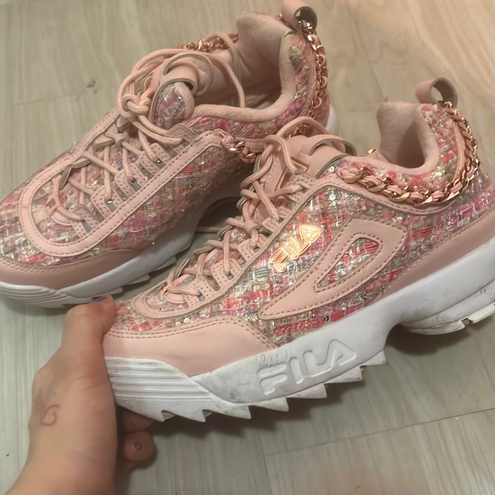 Fila Pink Tweed Chain-Trim Disruptor Sneakers